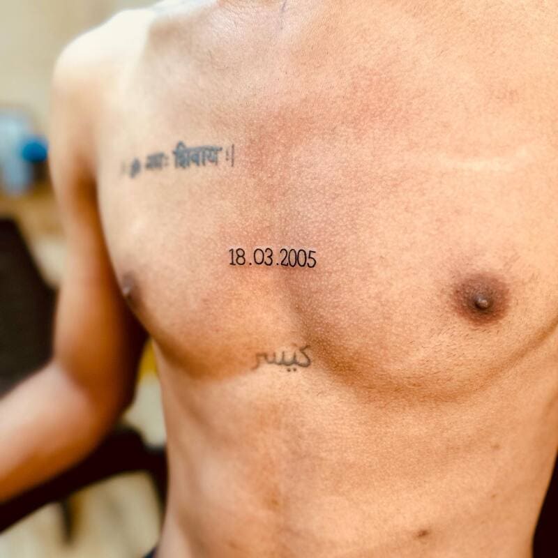Multi-Script Date small chest Tattoo for men