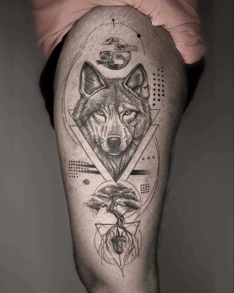 Geometric wolf with tree and triangles design for men