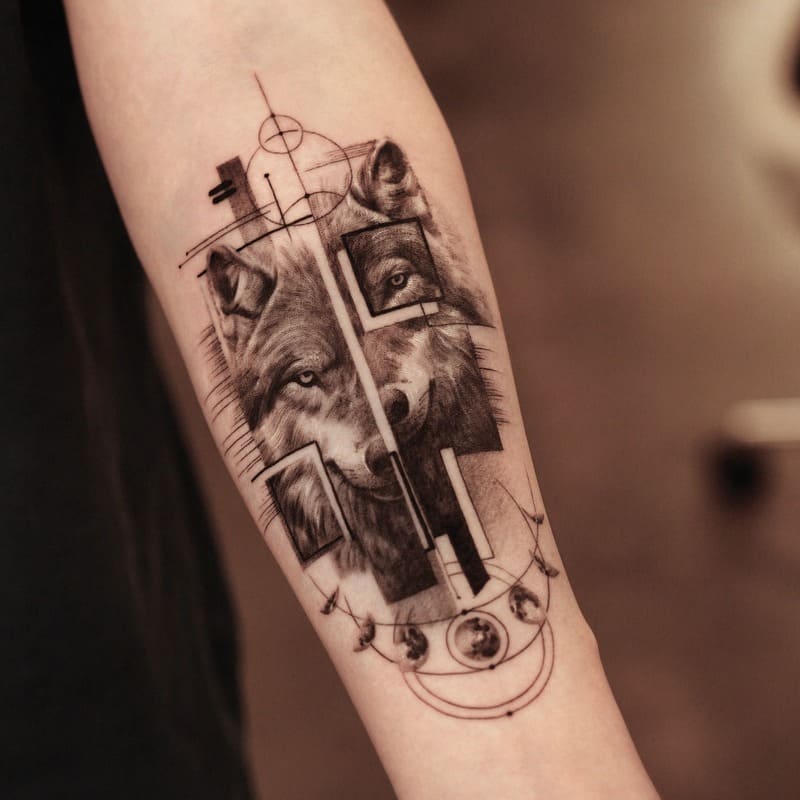 Geometric wolf portrait with technical line design for men