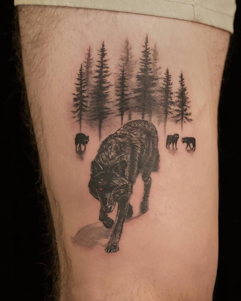 Alpha wolf with pack in pine forest scene for men