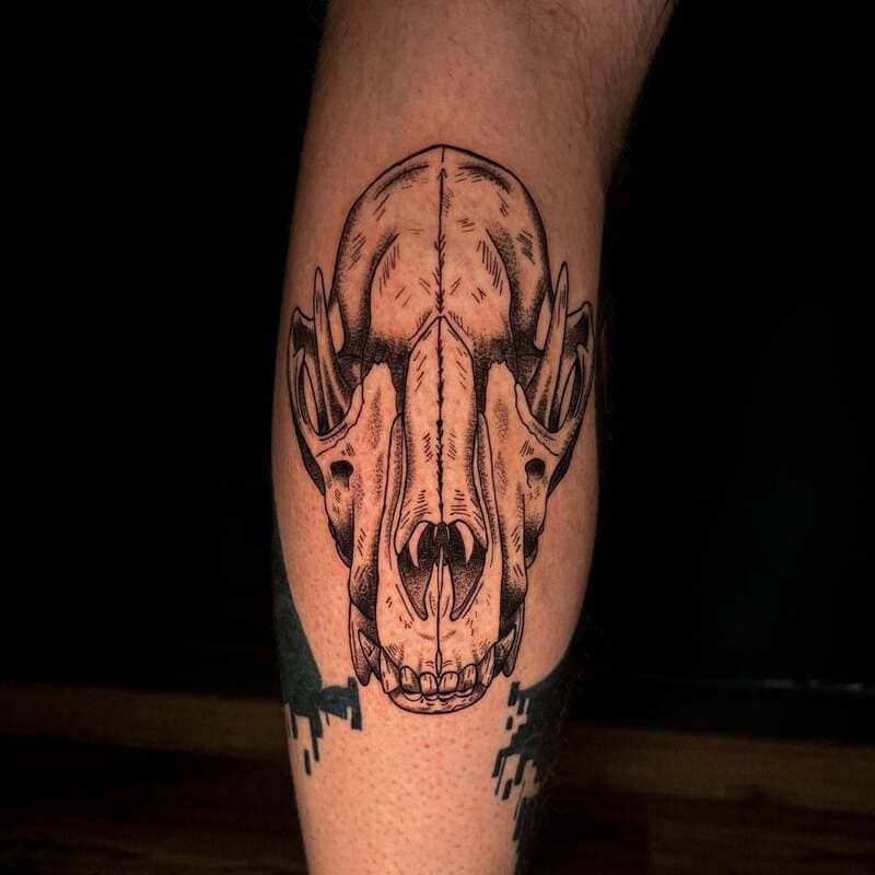 Anatomical wolf skull tattoo with detailed bone structure for men