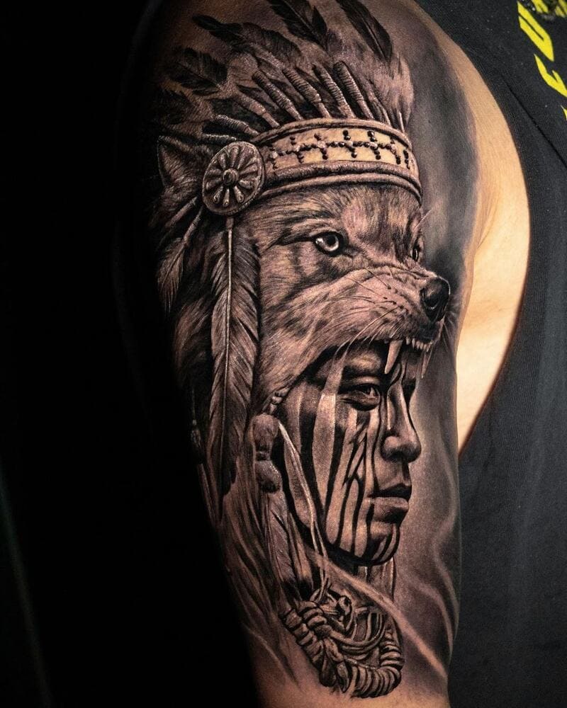 Native American chief with wolf headdress arm tattoo for men