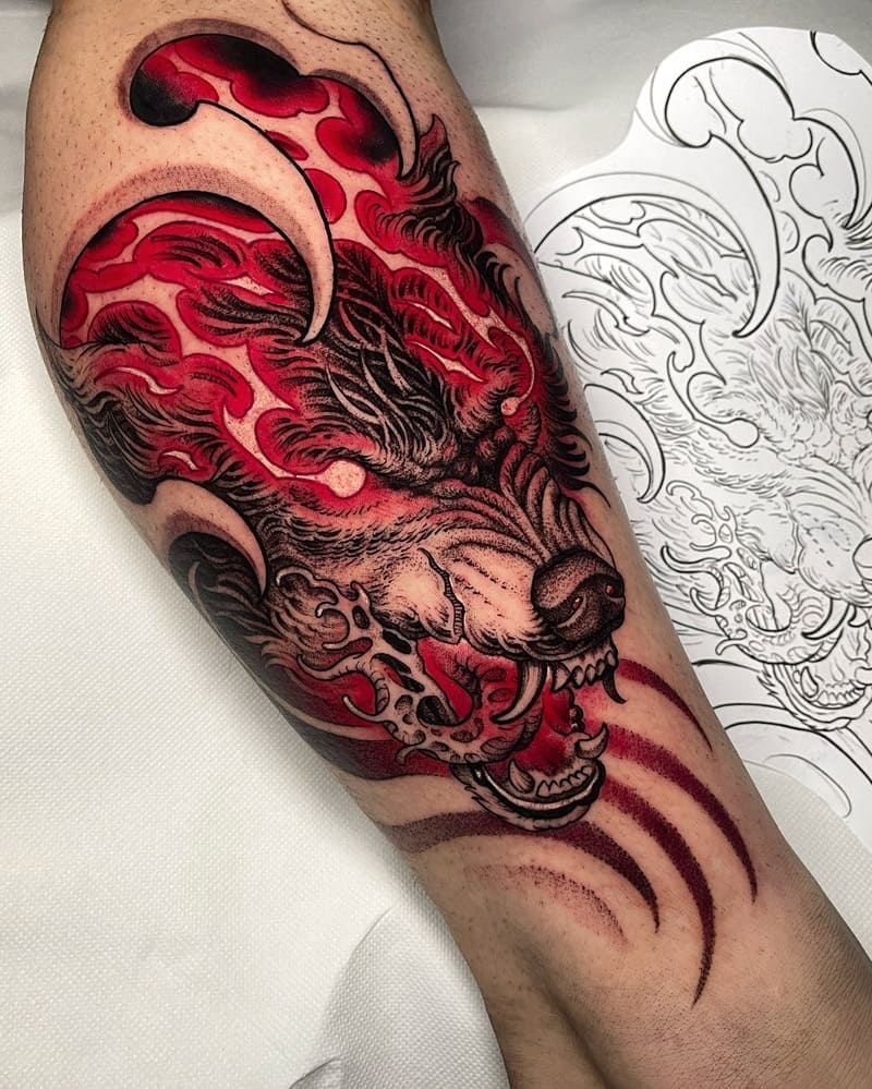 Neo-Japanese style wolf tattoo with red background details for men