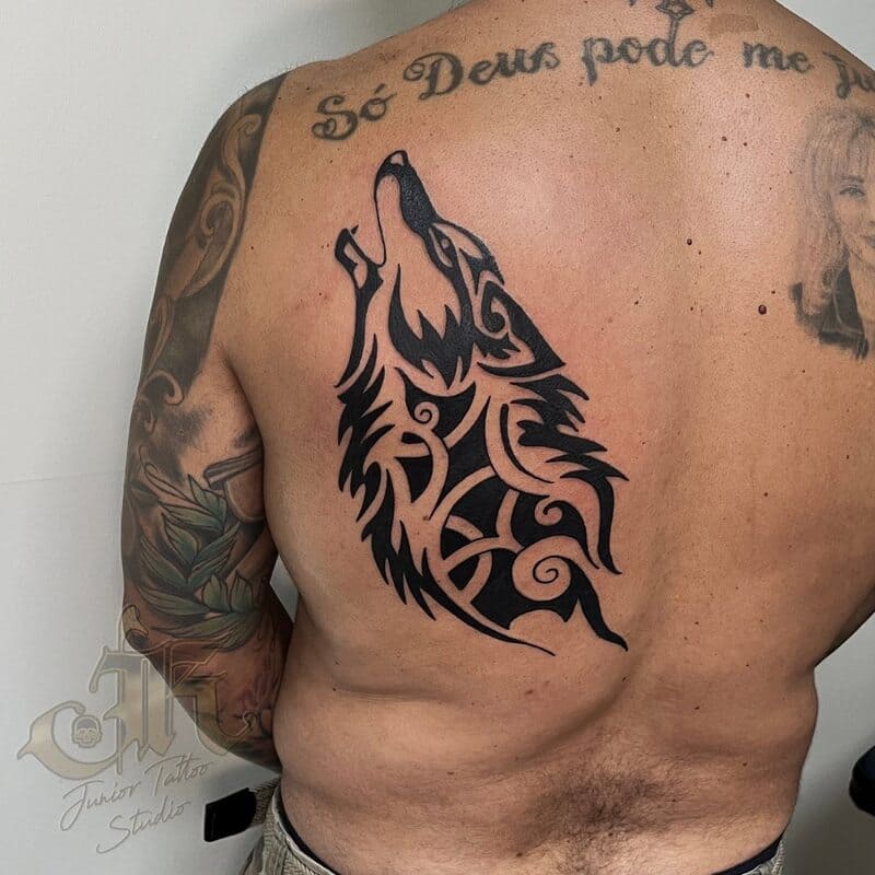 Large tribal wolf back piece for men