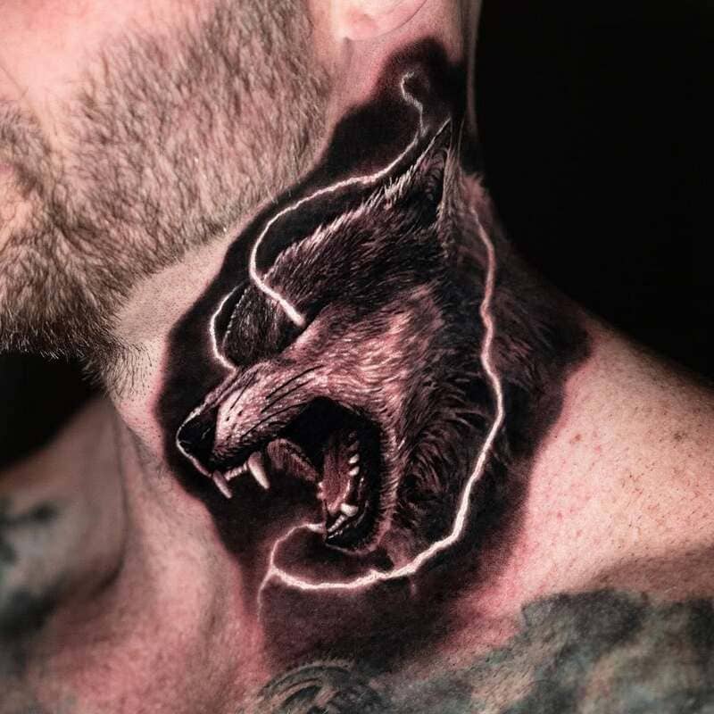 Aggressive wolf neck tattoo with detailed shading for men