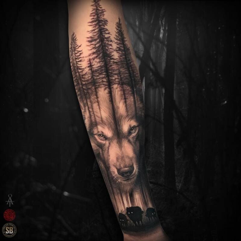 Realistic wolf and forest scene with pack silhouettes for men
