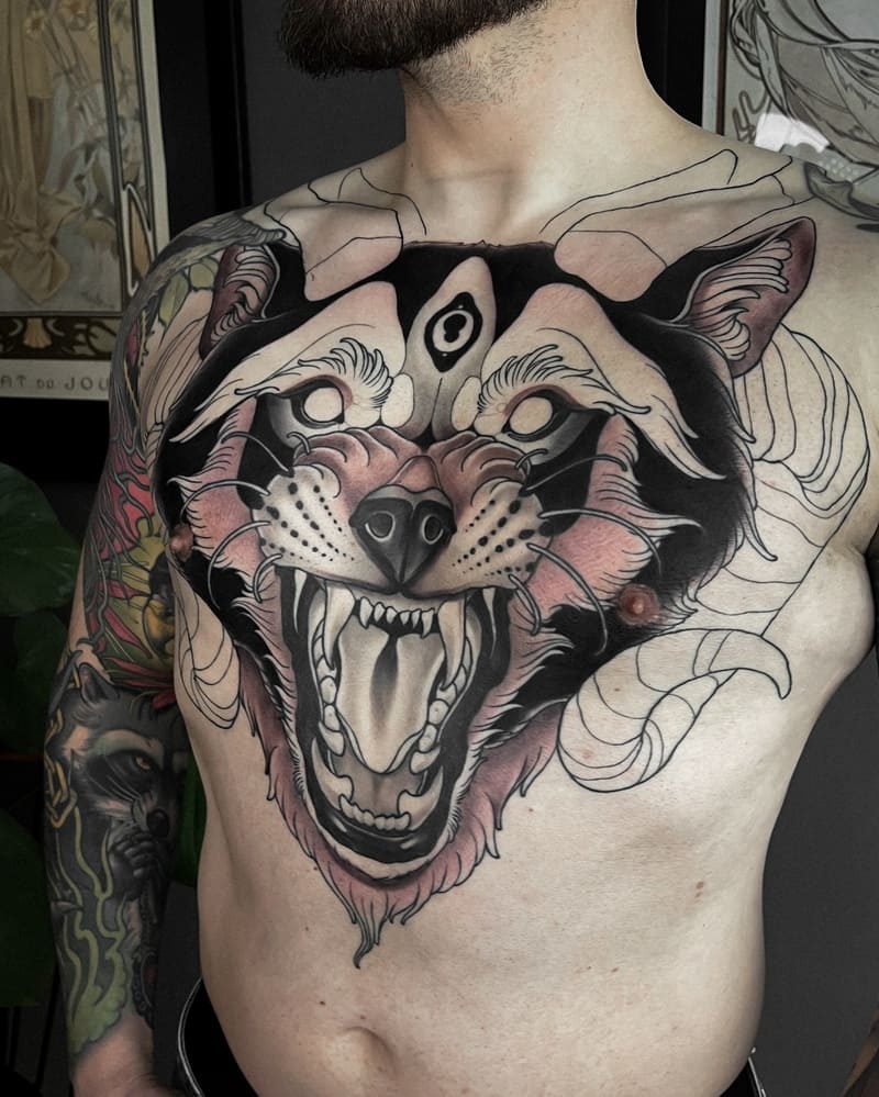Neo-traditional snarling wolf chest piece for men