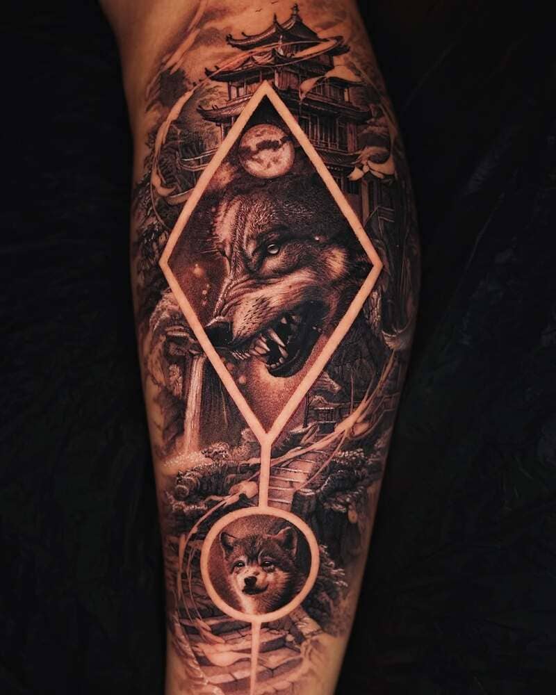 Asian-inspired alpha wolf scene with geometric elements for men