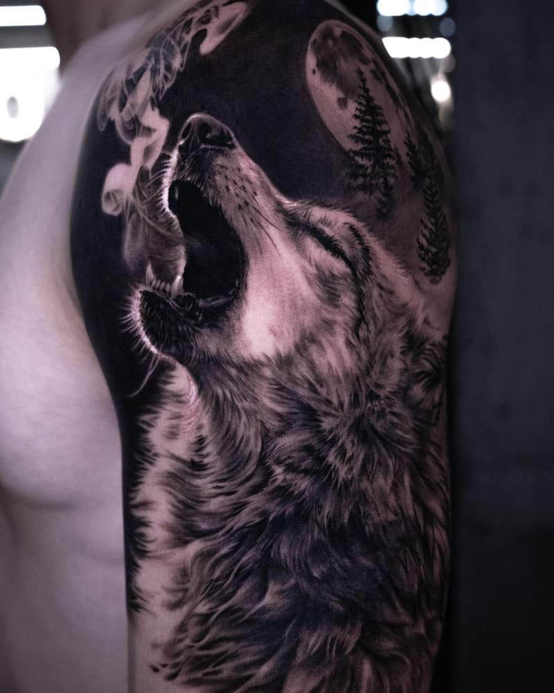 Realistic howling wolf arm sleeve with moon and forest for men