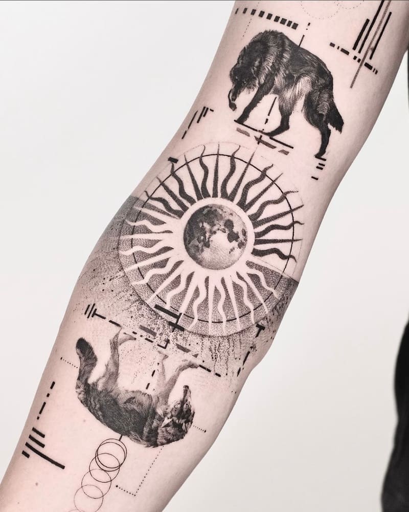 Technical geometric wolf design with moon motif for men