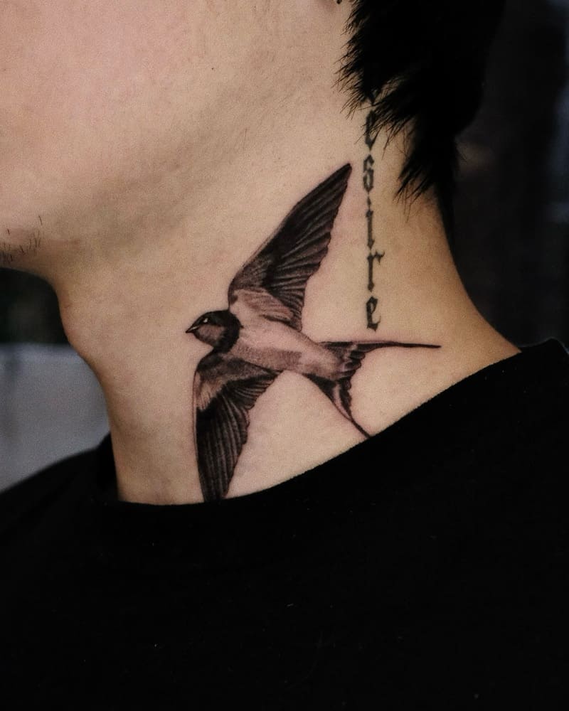 Side swallow neck tattoo design for men