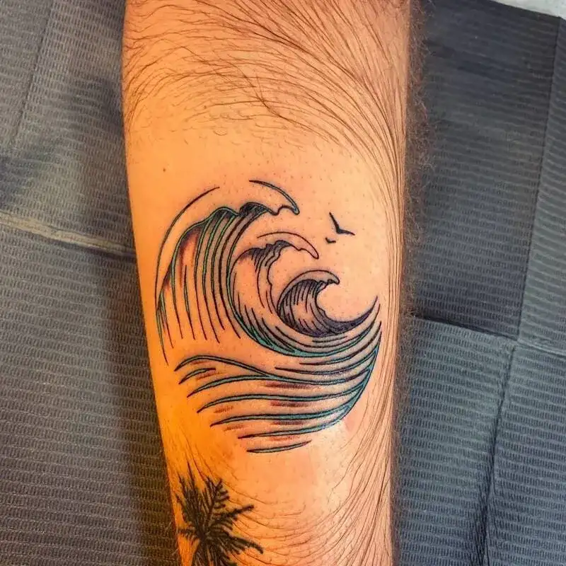 Minimalist black wave forearm ocean tattoo for men with birds and palm tree design
