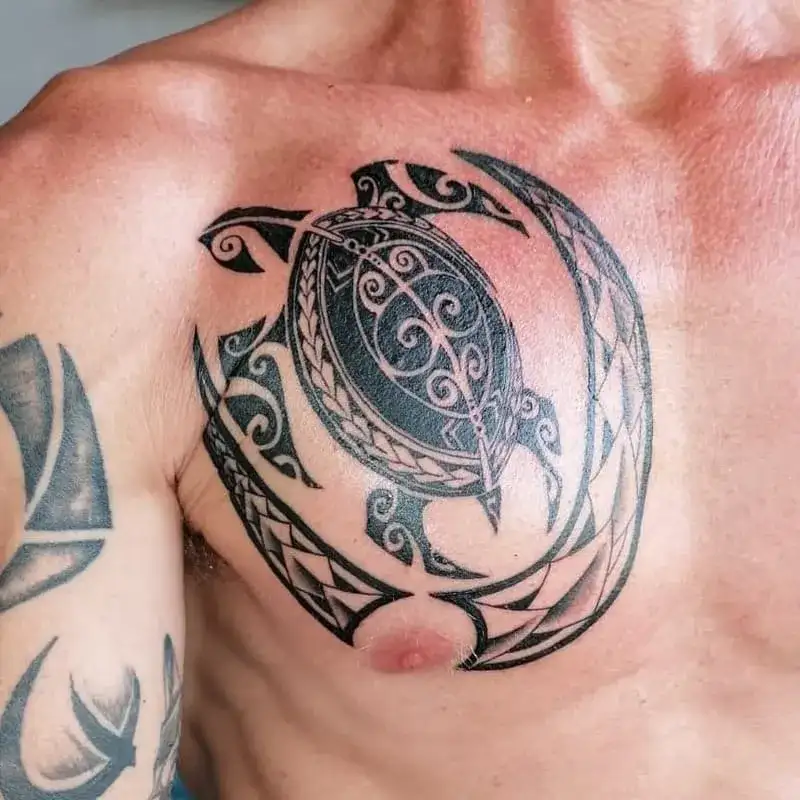 Tribal pattern sea turtle ocean chest tattoo for men with Polynesian design