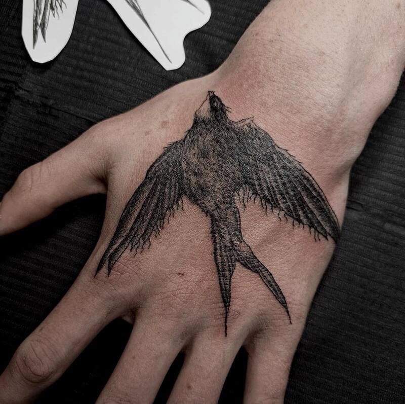 Realistic swallow hand tattoo design for men