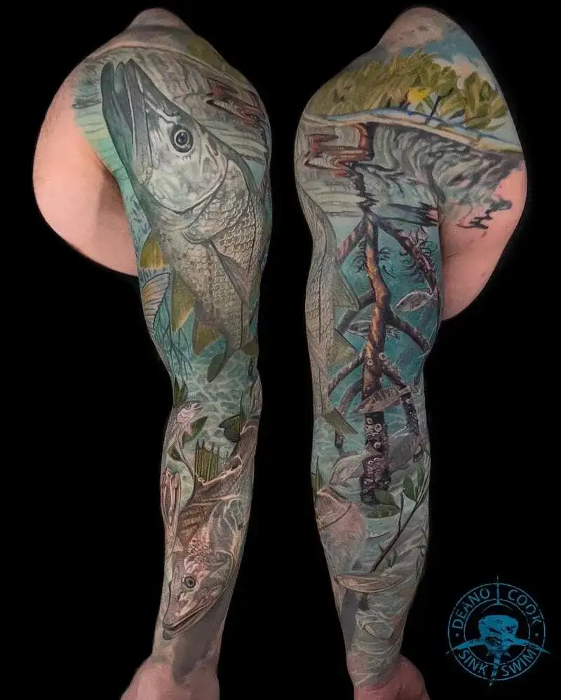 Freshwater fishing themed ocean sleeve tattoo for men with multiple species and underwater habitat