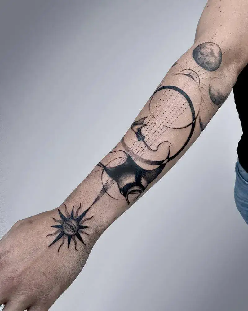 Abstract geometric ocean and moon tattoo with dotwork ocean tattoo for men