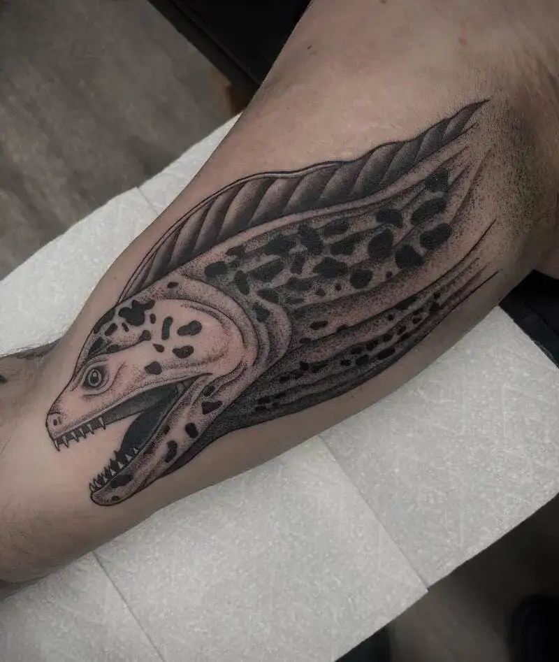 Black and gray mosasaur prehistoric marine reptile ocean tattoo for men