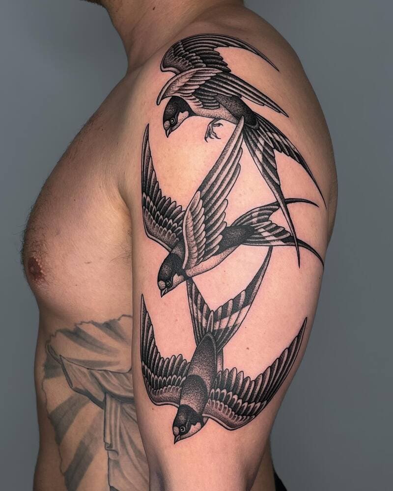 Dual layered swallow ribcage tattoo design for men