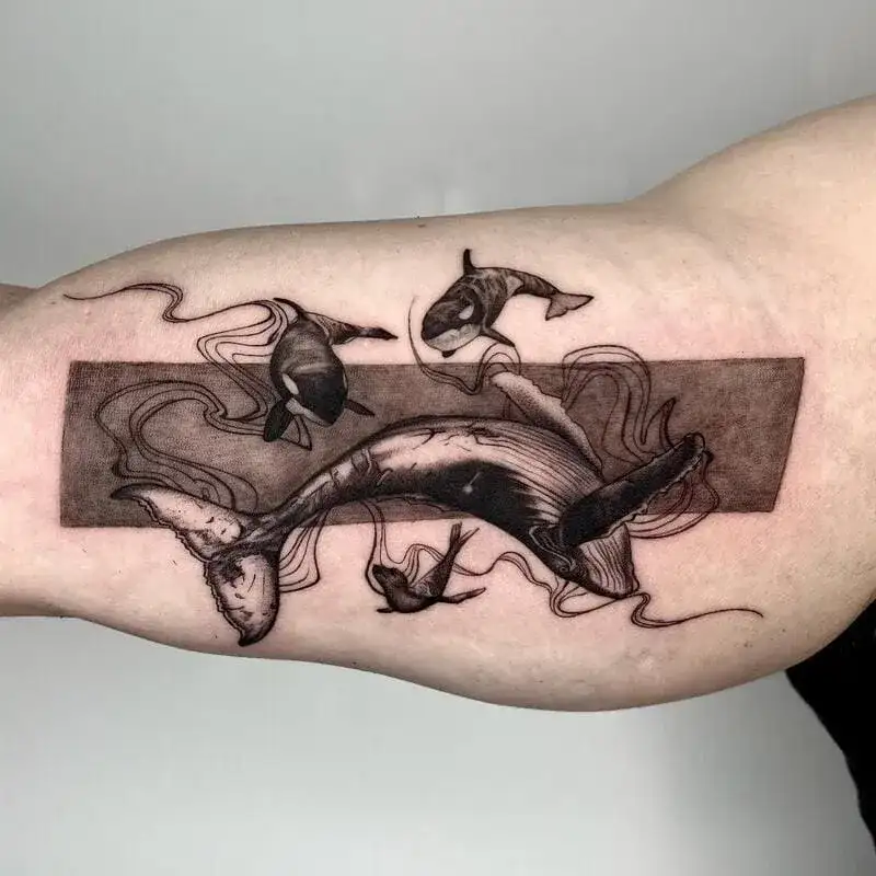 Black work hammerhead sharks with driftwood ocean tattoo for men