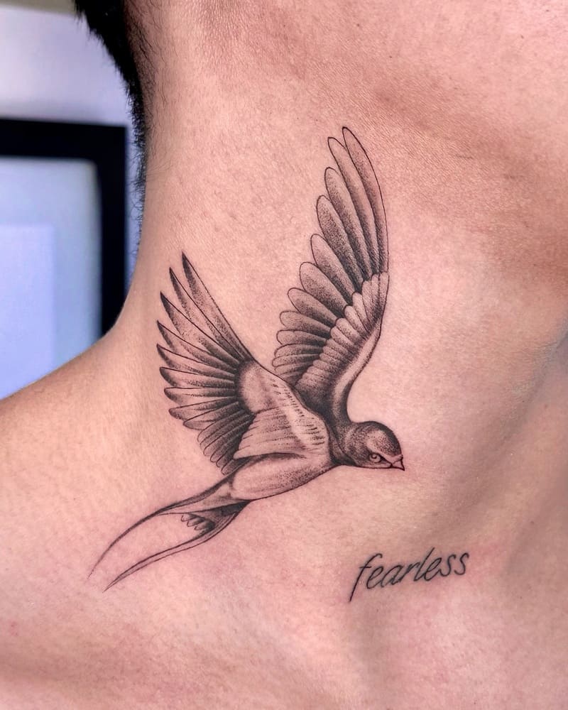 Detailed wing swallow neck tattoo design for men