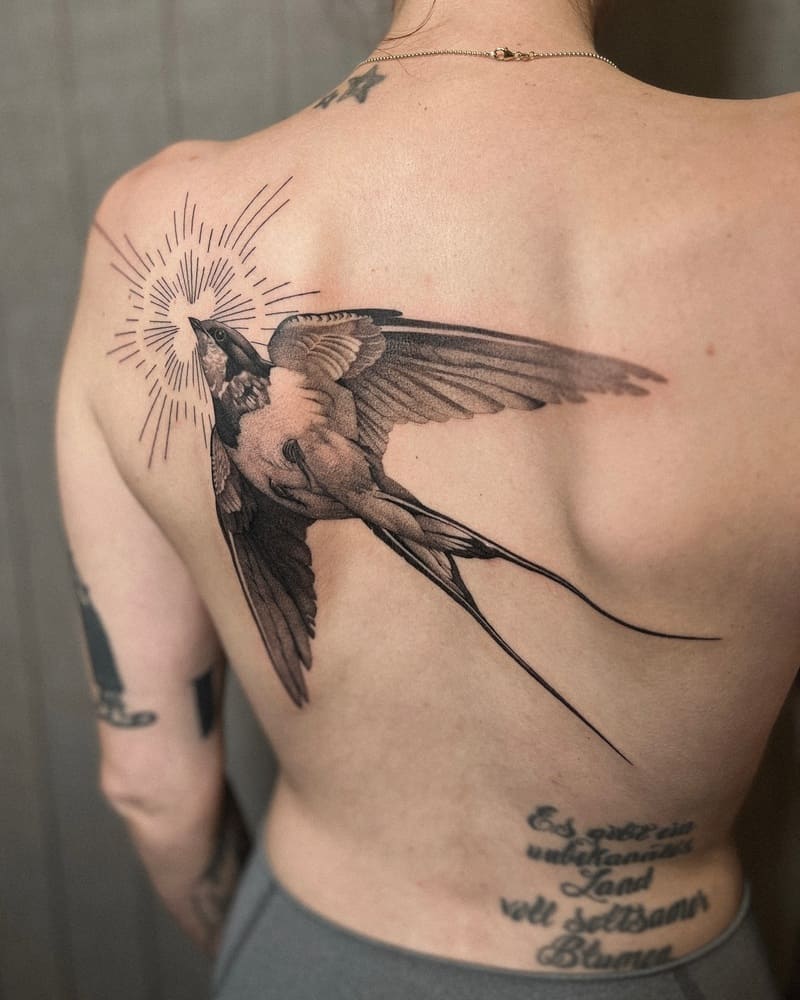 Sunburst single swallow back tattoo design for men