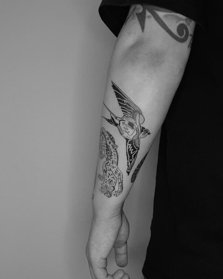 Fine line double swallow forearm tattoo design for men
