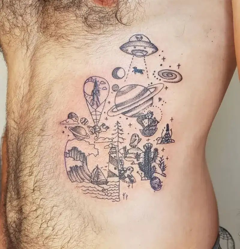 Black line work cosmic ocean scene tattoo for men with UFO and sailboat