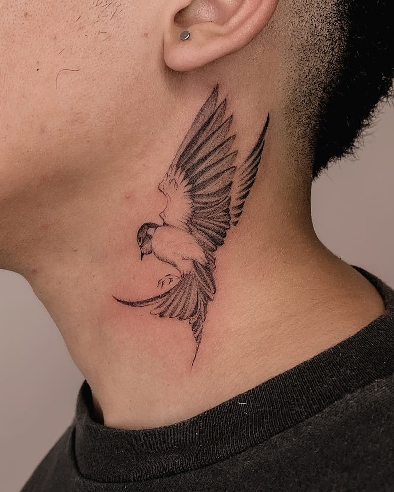 Side wing swallow neck tattoo design for men
