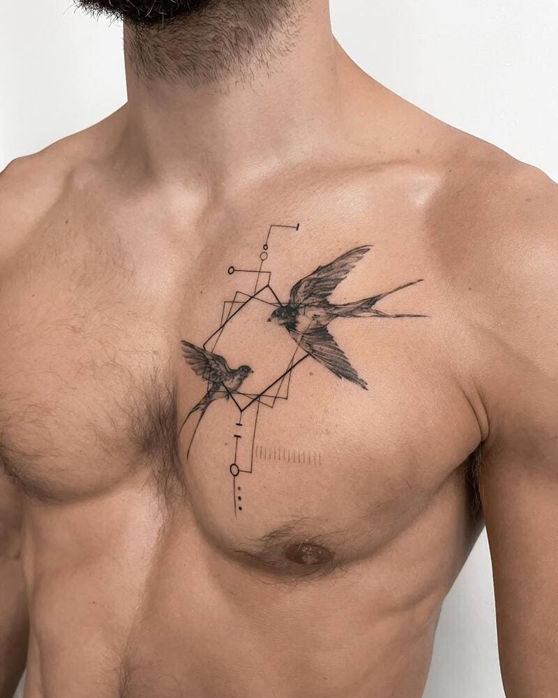 Geometric detailed swallow chest tattoo design for men