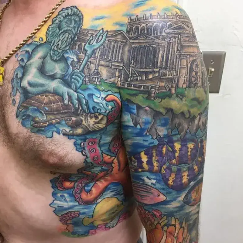 Poseidon god of sea ocean chest tattoo for men with colorful classical design