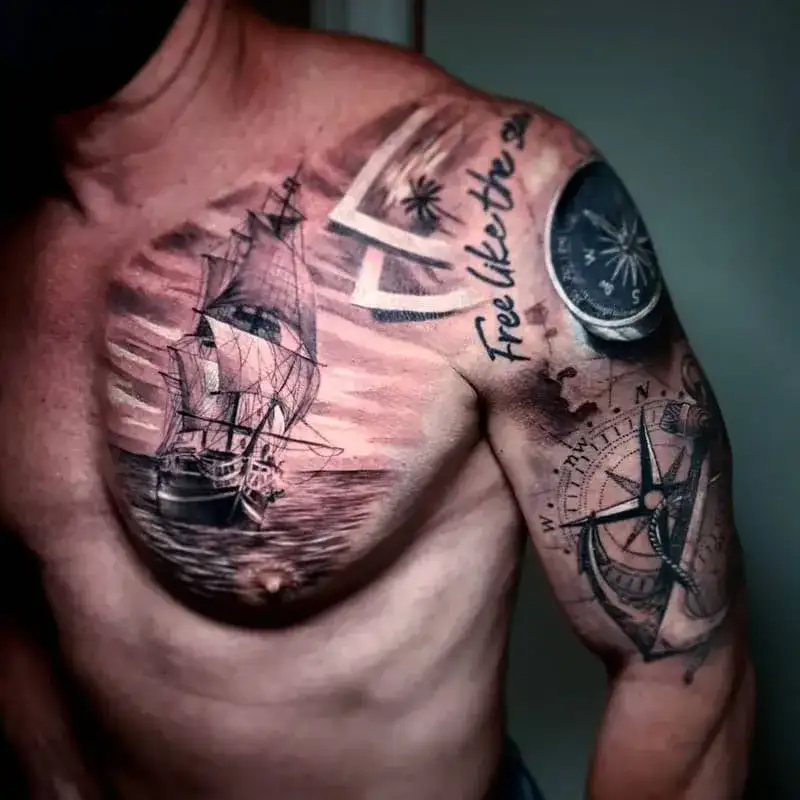 Sailing ship with compass ocean chest tattoo for men and nautical navigation theme