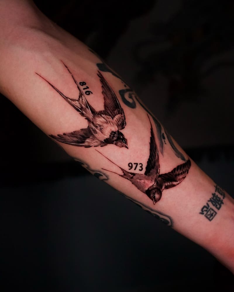 Numbered swallow forearm tattoo design for men