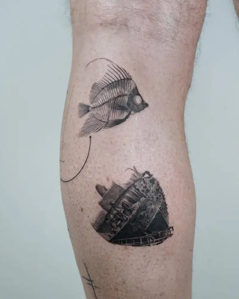 X-ray style tropical fish with underwater structure ocean tattoo for men