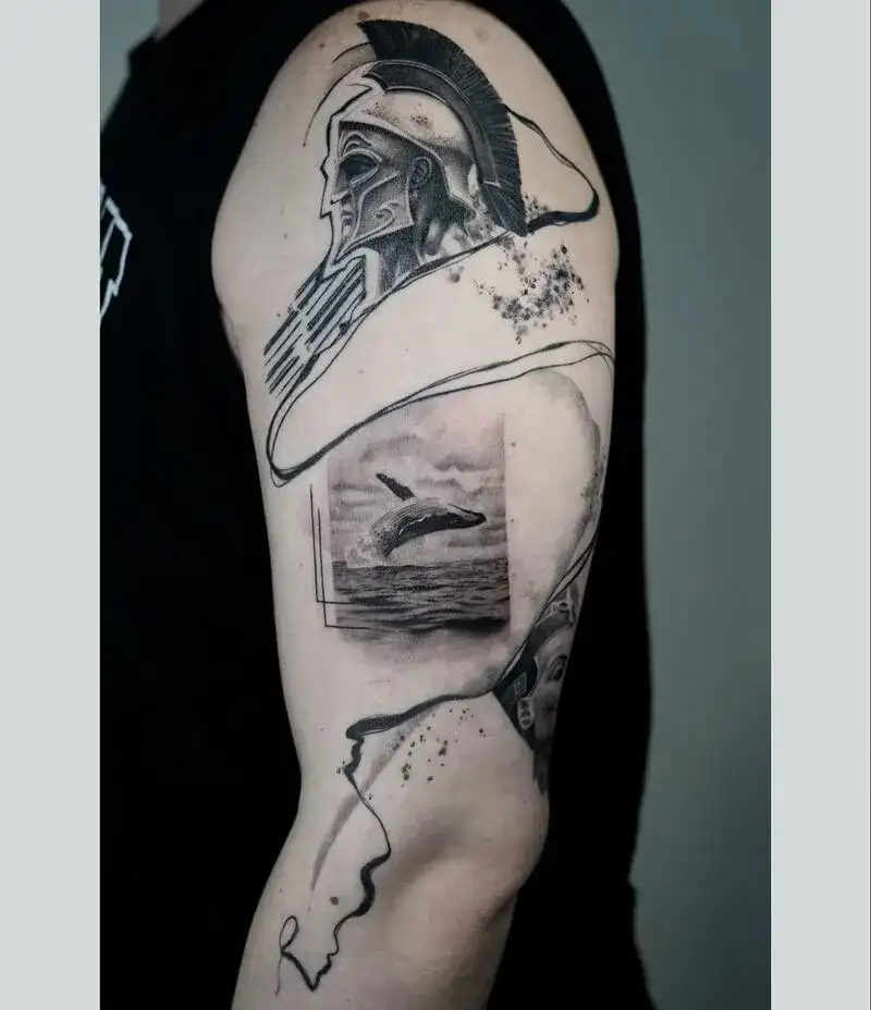 Black work Spartan helmet with breaching whale ocean tattoo for men