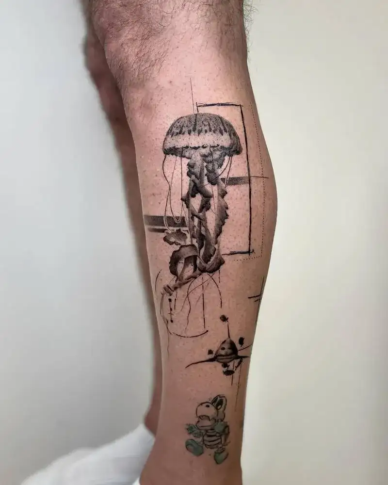 Geometric frame jellyfish black work ocean tattoo for men with fine line details