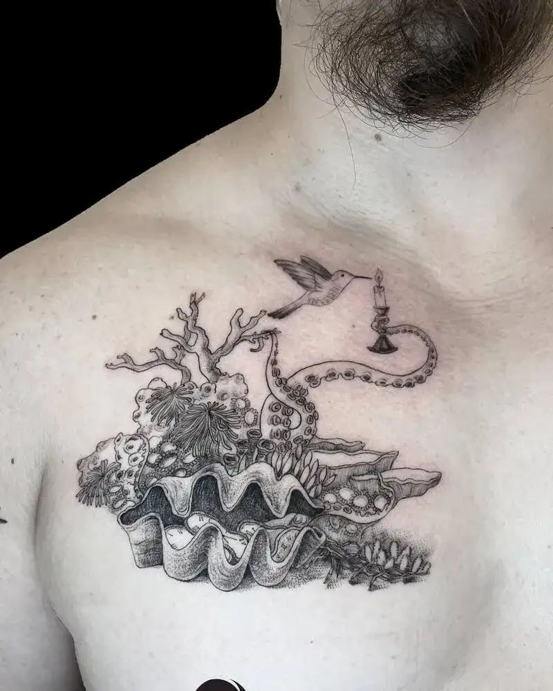 Intricate coral reef with giant clam ocean chest tattoo for men and wildlife elements